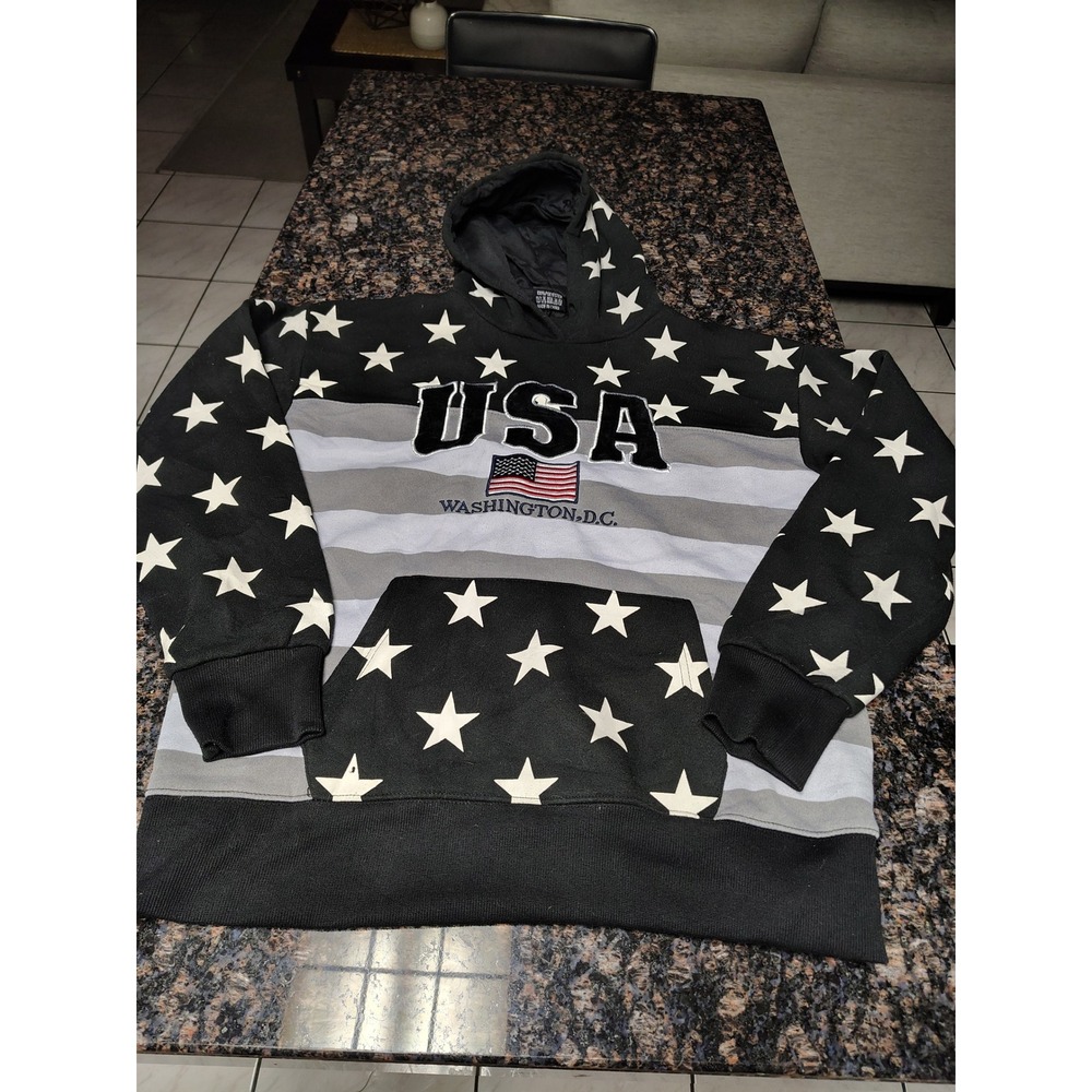 USA Washington DC Stars Stripes Hoodie Mens Medium Black Grey Chenille Patch